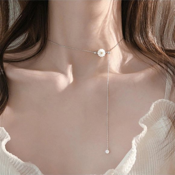 NEW 925 Silver Shell Daisy Diamond Drop Necklace - Picture 3 of 11